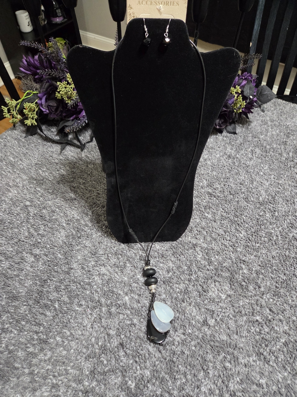 Women’s Black Cord Pendant Necklace with Light Blue Stone